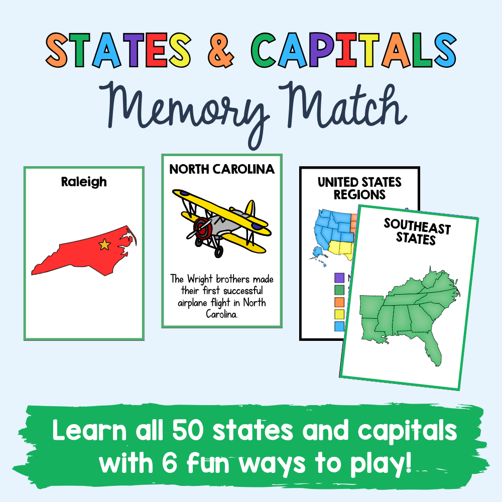 States and Capitals Memory Match- Digital Download