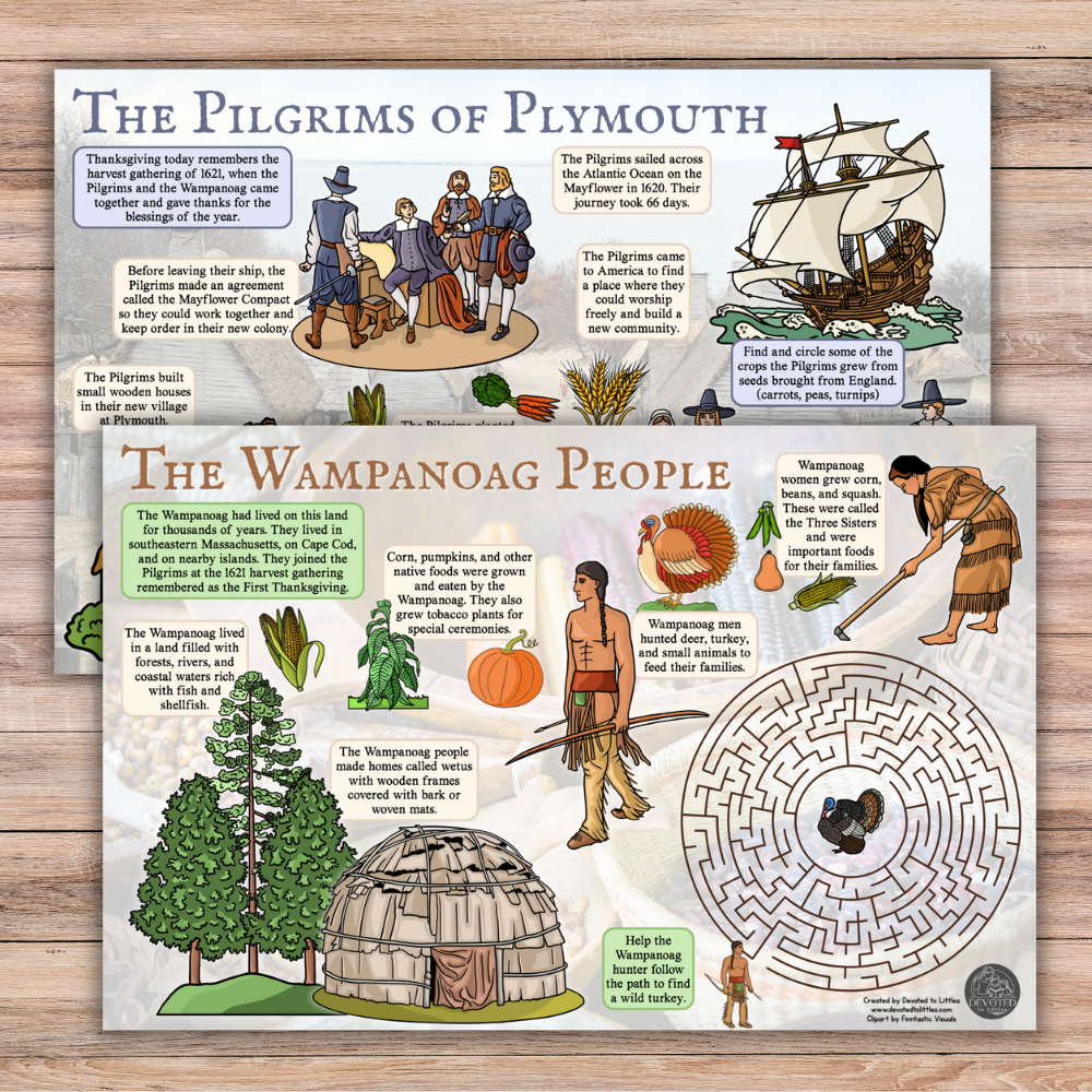 Thanksgiving History Placemats (The Wampanoag and the Pilgrims) - Digital Download